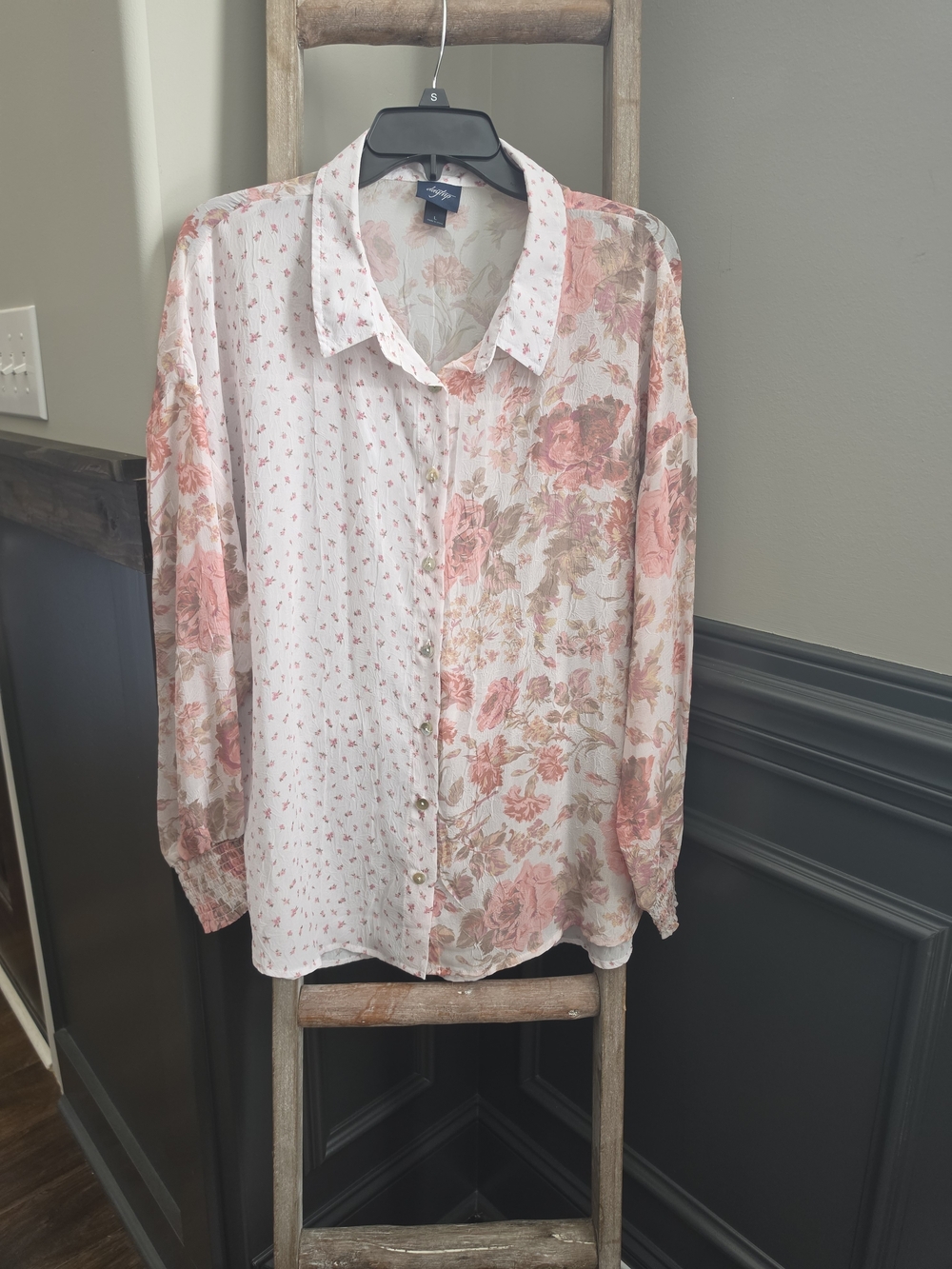 Daytrip Sheer Pink Floral Mixed-Print Button Down Shirt